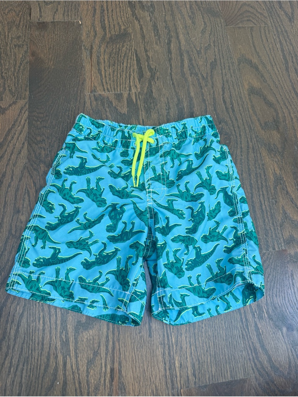 GAP Teal Swim Shorts with Green Dino Pattern and Yellow Drawstring